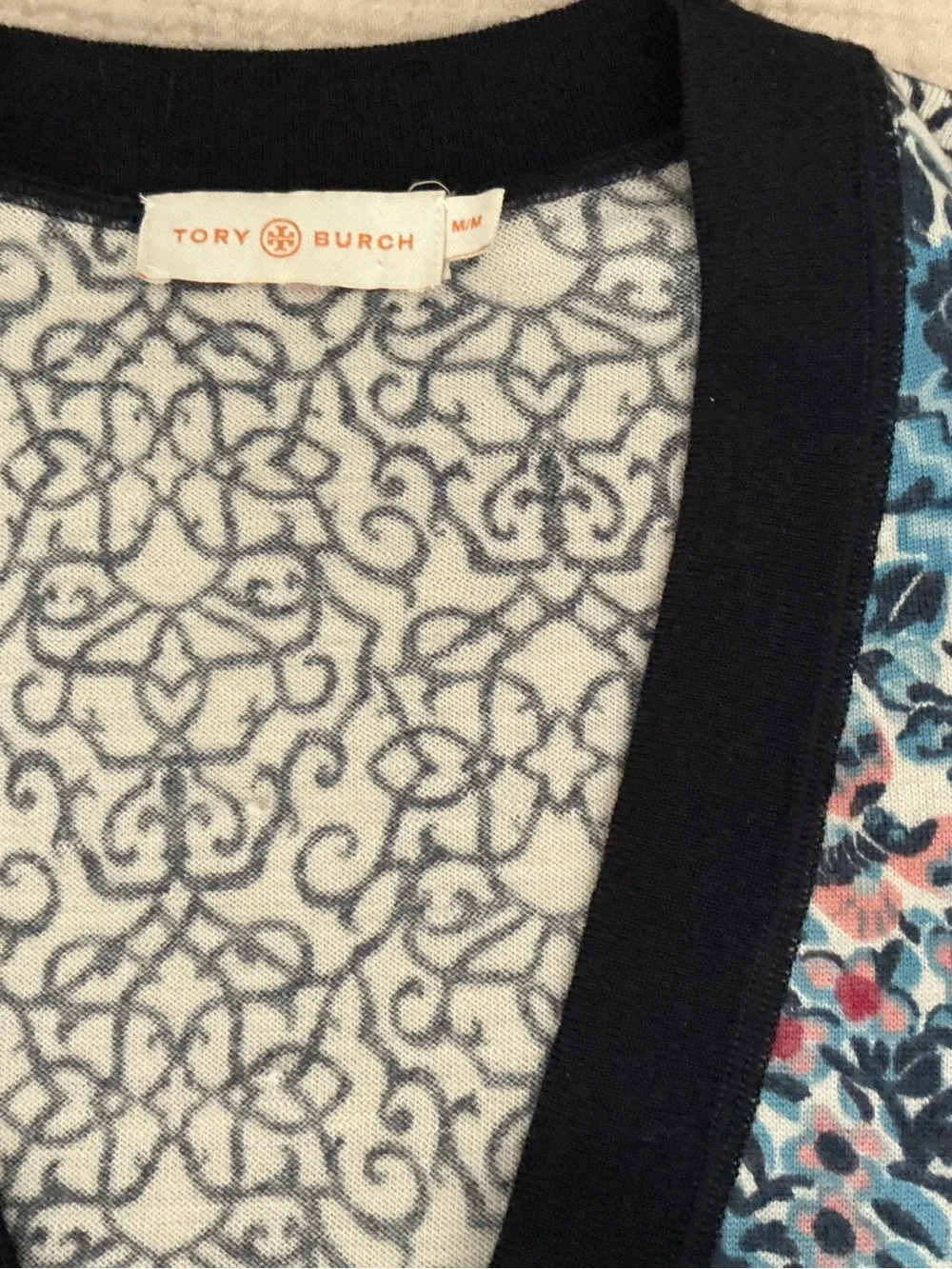 TORY BURCH Classic Blue Floral Mixed-Print V-Neck Cardigan Sz M